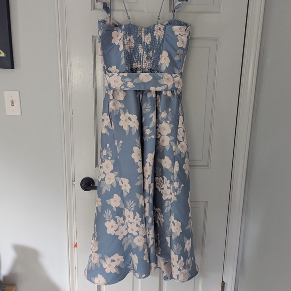 V. Chapman Anthropologie Vera Dress Blue Floral Corset Top Ruffle Strap Midi - Picture 11 of 12
